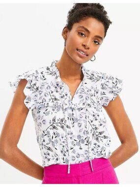 Loft Floral Ruffle Yoke Tie-Neck Blouse sz L
